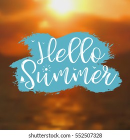 Hello Summer card with Sunset Background. Vector Illustration
