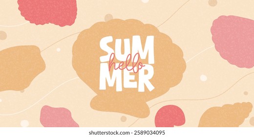 Hello Summer card template. Creative vector background with hand-drawn seashells for decoration summer event, card, banner, cover, ads, holiday. Minimal art design of summer banner in pale colors.