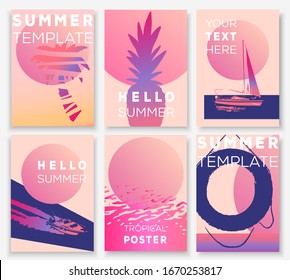 Hello summer card template. Vector bright summertime poster. Tropical paradise illustration. Beach party invitation. Bold neon colors poster.