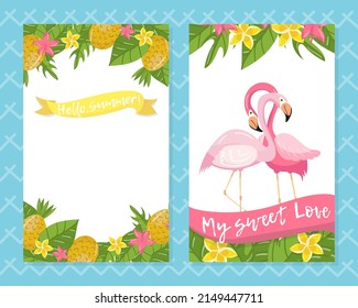 Hola, juego de plantillas de tarjetas de verano. Pancarta de mi amor dulce con un par de flamencos y hojas tropicales verdes ilustraciones vectoriales