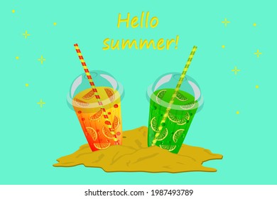 Hello summer card with transparent plastic disposable cups of citrus lemonade standing in the sand. Vector illustration.