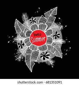 Hello Summer card with tropical leaf.