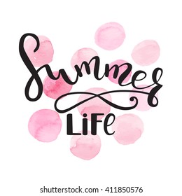 Hello summer card. Vector calligraphy lettering illustration with watercolor stain background. Template for design of postcards, posters, greeting cards, decoration parties and weddings.