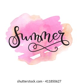 Hello summer card. Vector calligraphy lettering illustration with watercolor stain background. Template for design of postcards, posters, greeting cards, decoration parties and weddings.