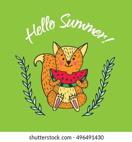 Hello Summer card. Vector illustrated poster with fox character and slice of watermelon.
