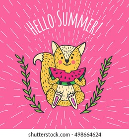 Hello Summer card. Vector illustrated poster with fox character and slice of watermelon.