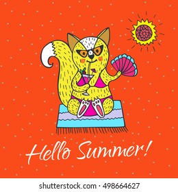 Hello Summer card. Vector illustrated poster with fox character and sun.