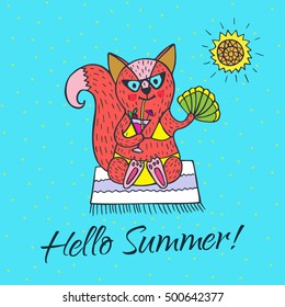 Hello Summer card. Vector illustrated poster with fox character and sun.