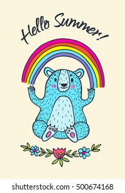 Hello Summer card. Vector illustrated poster with bear character and rainbow.