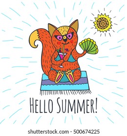 Hello Summer card. Vector illustrated poster with fox character and sun.