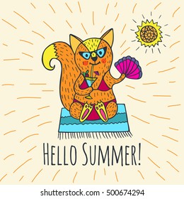 Hello Summer card. Vector illustrated poster with fox character and sun.
