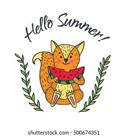 Hello Summer card. Vector illustrated poster with fox character and slice of watermelon.