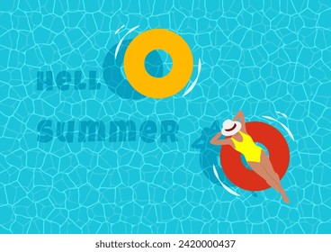 Hello summer card. Vector illustration of a top view of a swimming pool. A woman floats on an inflatable ring.