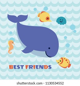 Hello Summer card with whale and fishes on abstract wave background. Friendship concept. Design for invitation, banner, card, poster, placard, flyer. Art vector Illustration.