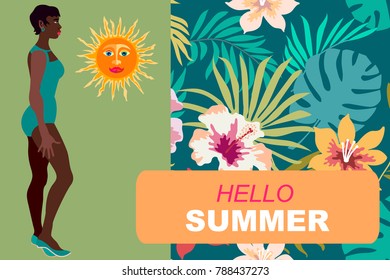 Hello summer card. Young black girl in bikini and tropical floral background. Design for cards, covers, posters, banners.