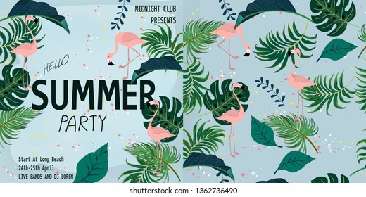 Hello Summer card,Green tropical rain forest jungle leaves and flower background ,illustration vector by freehand drawn for banner or flyer ,greenery botanical style