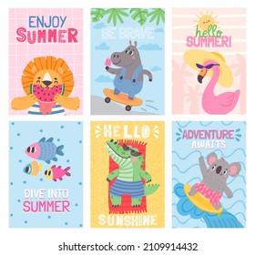 Hello Summer Cards With Cartoon Animals On Beach Vacation. Cute Flamingo. Eating Watermelon, Sunbathing And Surfing, Fun Poster Vector Set. Funny Characters On Vacation Having Rest