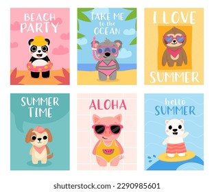 Hello summer cards with cartoon animals on beach vacation. Cute bear. Smiling, sunbathing and surfing, fun poster vector set. Funny characters on vacation having rest