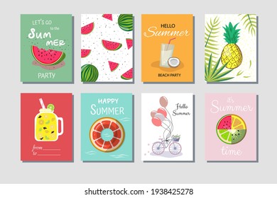 Hello summer. Summer cards with inscriptions, set. Summertime poster. Fruits, sea, beach, lemonade. Journal cards