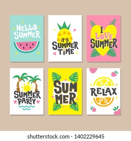 Hello summer cards. Party invitation design with watermelon, palm leaves, strawberry, pineapple, monstera leaf and sun.