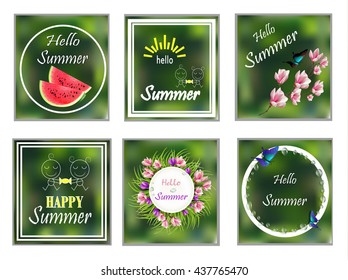 Hello summer. Cards set. Banners happy summer flowers. 6 pictures vector