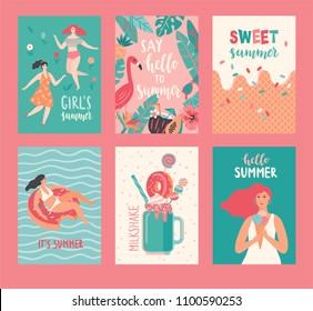 Hello Summer cards. Set of cartoon images. Vector illustration.