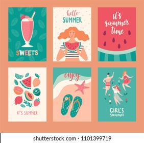 Hello Summer cards. Set of cartoon images. Vector illustration.
