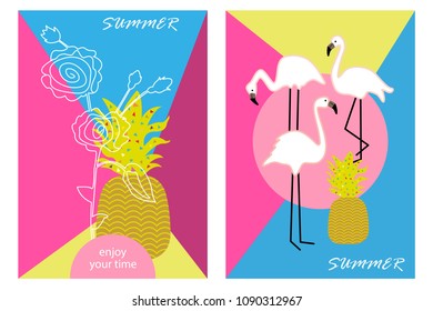 Hello summer cards. Set of colorful posters with minimalism design. Flamingos, pinneapples and linear flowers.