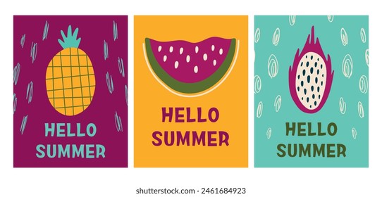 Hello summer cards set. Summer concept with fruits and abstract elements. Modern vector illustration