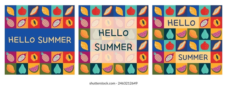 Hello summer cards set. Seamless geometric fruit pattern and text. Vector illustration for summer design