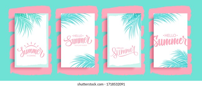 Adiós Tarjetas de verano. Temporada de verano, telas tropicales con Adiós grabado a mano. Verano y hojas de palma. Ilustración vectorial.