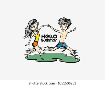 Hello summer, cartoon of a boy and girl playing, season, vector illustration