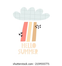 Hello summer. Cartoon cloud, hand drawing lettering, decor elements. colorful vector illustration for kids, flat style. baby design for cards, print, posters, logo, cover