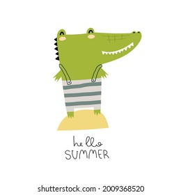 hello summer. Cartoon crocodile with drawing lettering, decor elements. Flat simple colorful vector for kids.. baby design for card, print for t-shirt