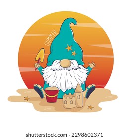 Hello summer cartoon cute gnome builds a sand castle on the beach at sunset background. Funny summer banner