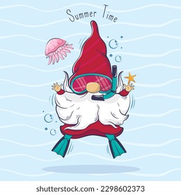 Hello summer cartoon cute gnome is diving around jellyfish. Summer time lettering. Funny summer banner