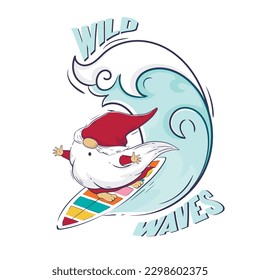 Hello summer cartoon cute gnome is surfing. Lettering wild waves. Funny summer banner