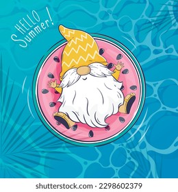 Hello summer cartoon cute gnome swims on a watermelon mattress in the pool under the shadows of palm trees. Funny summer banner