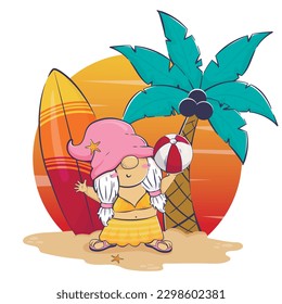 Hello summer cartoon cute gnome girl playing ball on the beach against sunset and surfboard. Funny summer banner