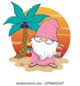 Hallo Sommer Cartoon süße Kobobobaun trinken Cocktail und Eis essen am Strand mit Sonnenuntergang und Palmen Hintergrund. Funny Summer Banner