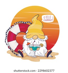 Hello summer cartoon cute leprechaun drinking a cocktail on the beach against sunset and lifeline. Funny summer banner