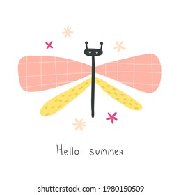 hello summer. Cartoon dragonfly, hand drawing lettering, decor elements. colorful vector illustration, flat style. design for cards, print, posters, logo, cover
