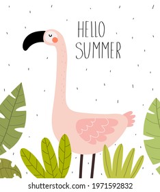 hello summer. cartoon flamingo, hand drawing lettering, decor elements. Summer colorful vector illustration, flat style. design for cards, print, posters, logo, cover