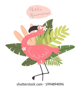 hello summer. cartoon flamingo, hand drawing lettering, decor elements. Summer colorful vector illustration, flat style. design for cards, print, posters, logo, cover