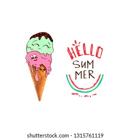 Hello summer. Cartoon funny cute ice cream character slogan print. Vector illustrations, t-shirt graphic, tee print design. For t-shirt or other uses,T-shirt graphics, textile graphic 