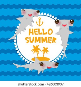 Hello Summer Cartoon gray Smooth hammerhead Winghead shark Kawaii with pink cheeks and winking eyes smiling. Round card design, banner template on blue waves sea ocean background. Vector