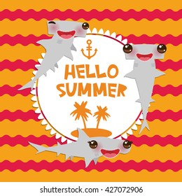 Hello Summer Cartoon Gray Smooth Hammerhead Winghead Shark Kawaii With Pink Cheeks And Winking Eyes Smiling. Round Card Design, Banner Template On Orange Red Waves Sea Ocean Background. Vector