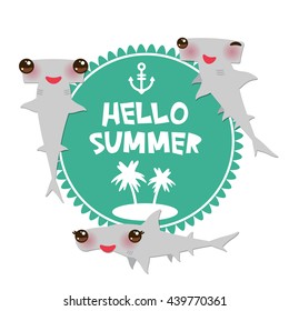 Hello Summer Cartoon gray Smooth hammerhead Winghead shark Kawaii with pink cheeks and winking eyes smiling. Round card design, banner template on blue white background. Vector