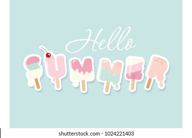 Hello Summer. Cartoon Ice Cream Letters. Cute Design For Posters, Banners, Advertising.