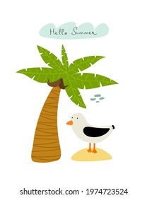 hello summer. cartoon palm, bird, hand drawing lettering, decor elements. Summer colorful vector illustration, flat style. design for cards, print, posters, logo, cover